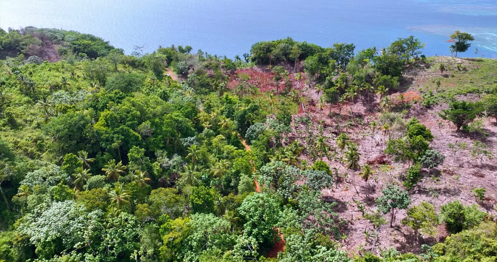 Ladera desbrozada de tierra roja en el terreno; a lo lejos, el mar