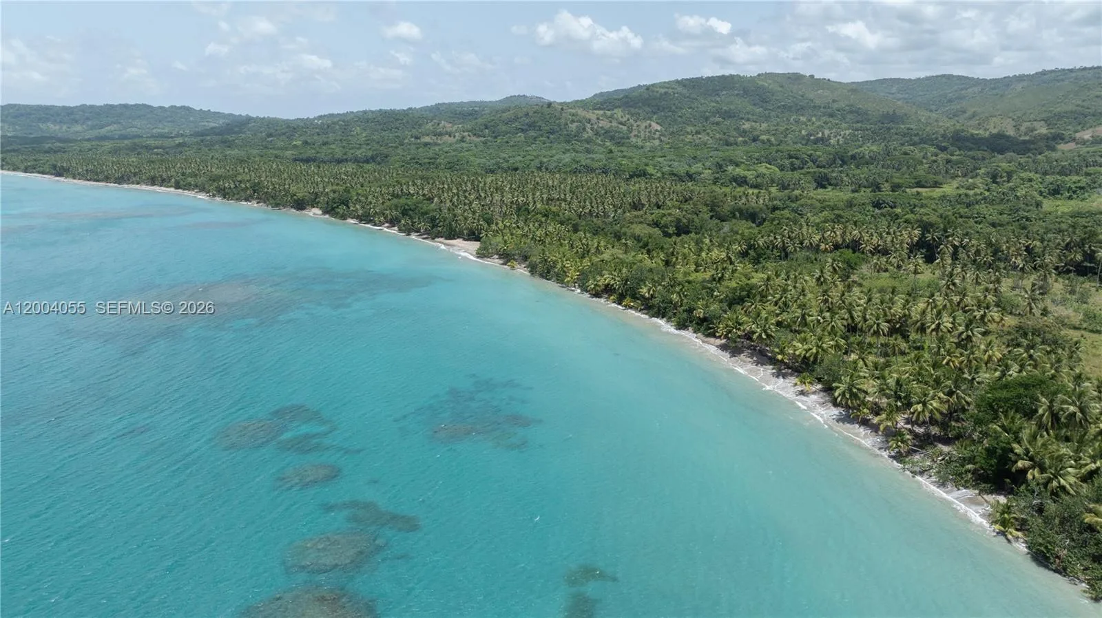 Vista aérea de la curva de la playa, con manchas de arrecife en el agua turquesa