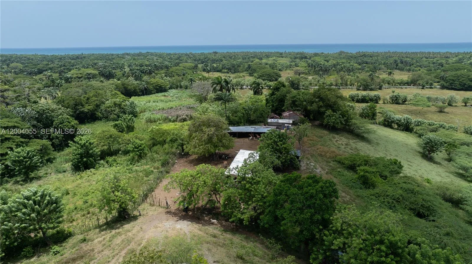 Construcciones de una finca en lo alto de una loma, entre árboles, con el mar en el horizonte